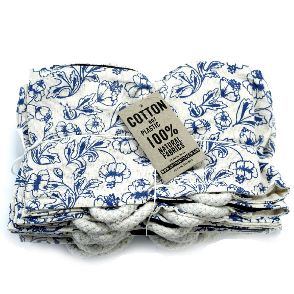 10x Empty Cotton Wheat Bags With Rope Handles - Floral Patterns