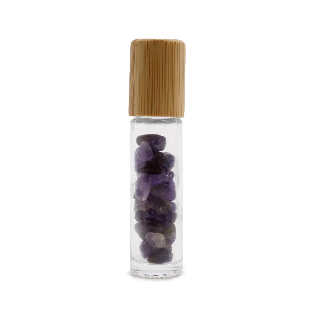 10x Gemstone Essential Oil Roller Bottle - Amethyst - Wooden Cap