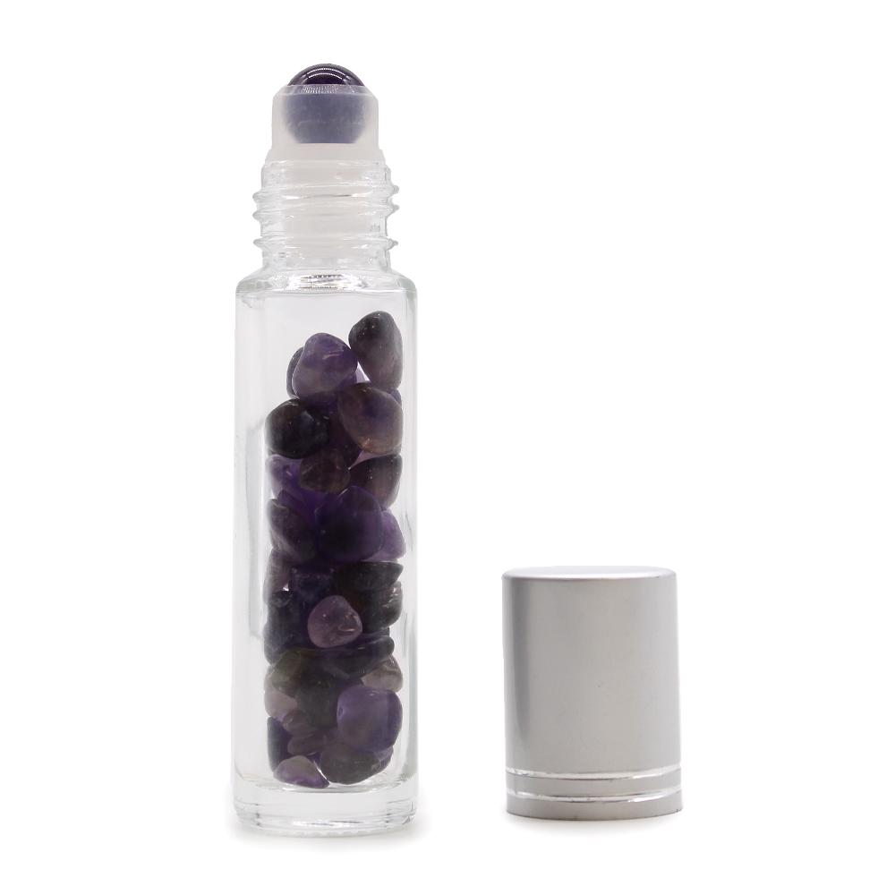 10x Gemstone Essential Oil Roller Bottle - Amethyst - Silver Cap