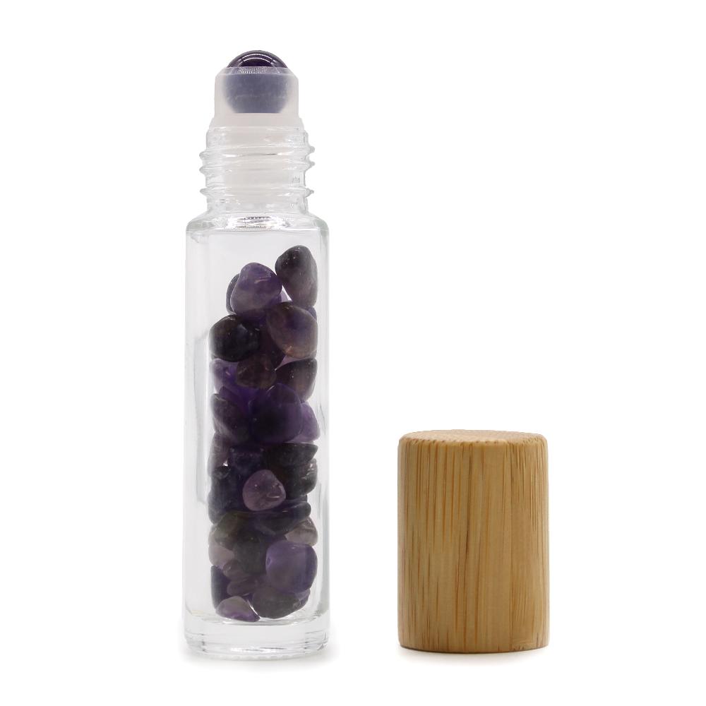 10x Gemstone Essential Oil Roller Bottle - Amethyst - Wooden Cap