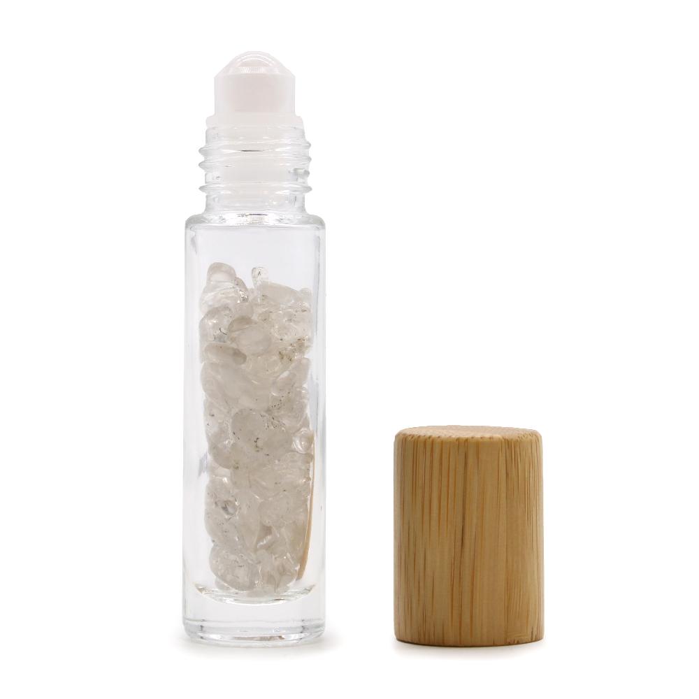 10x Gemstone Essential Oil Roller Bottle - Rock Quartz - Wooden Cap