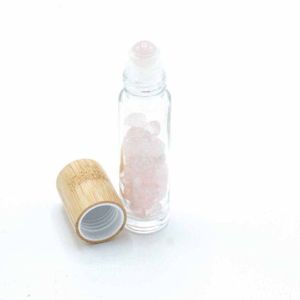 10x Gemstone Essential Oil Roller Bottle - Rose Quartz - Wooden Cap