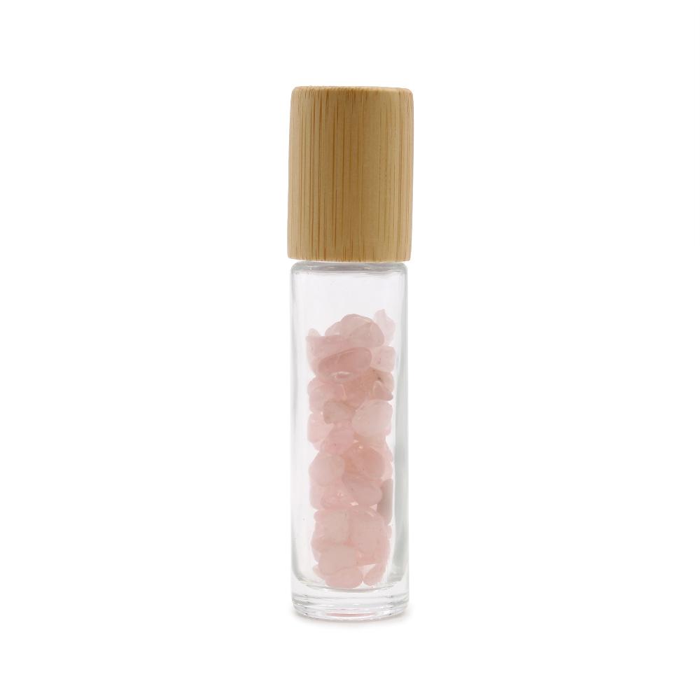 10x Gemstone Essential Oil Roller Bottle - Rose Quartz - Wooden Cap