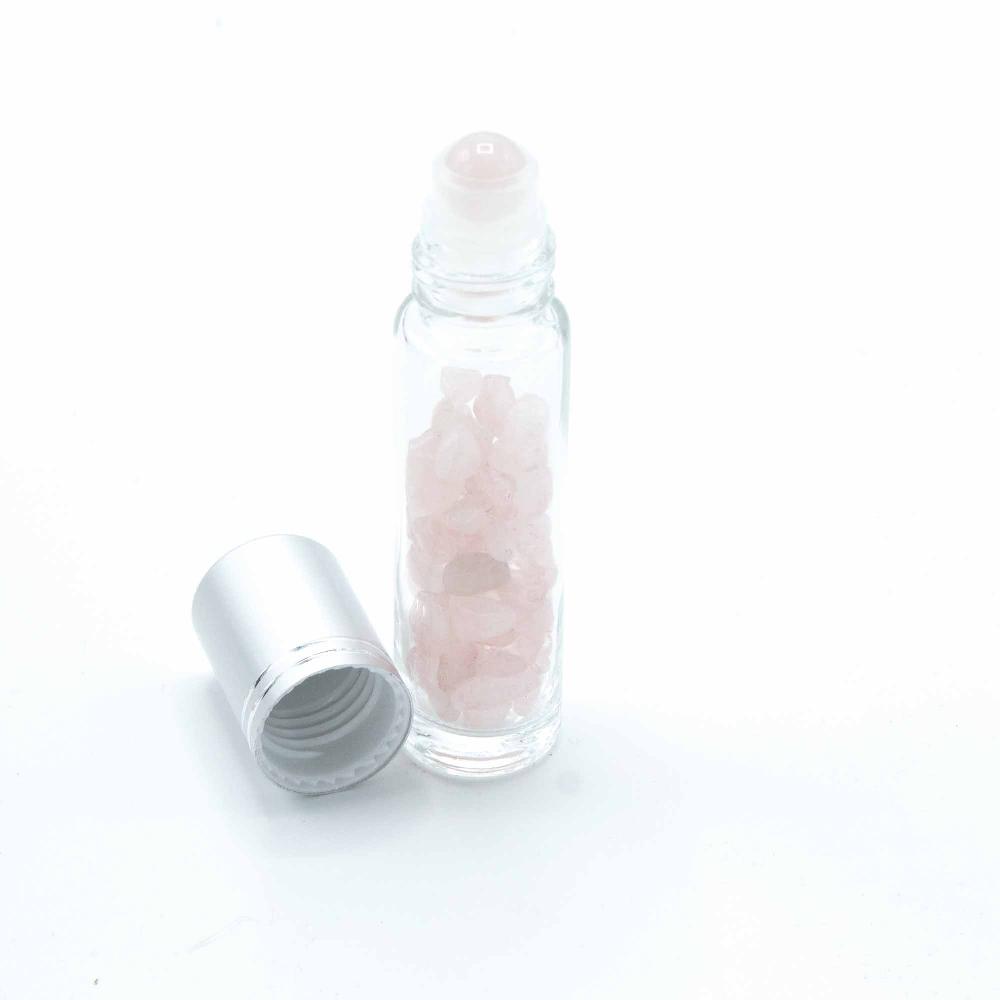 10x Gemstone Essential Oil Roller Bottle - Rose Quartz - Silver Cap