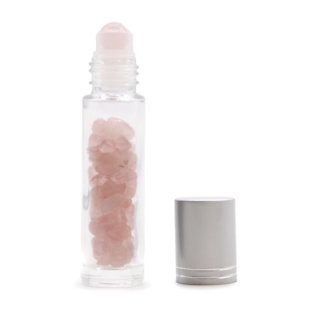 10x Gemstone Essential Oil Roller Bottle - Rose Quartz - Silver Cap
