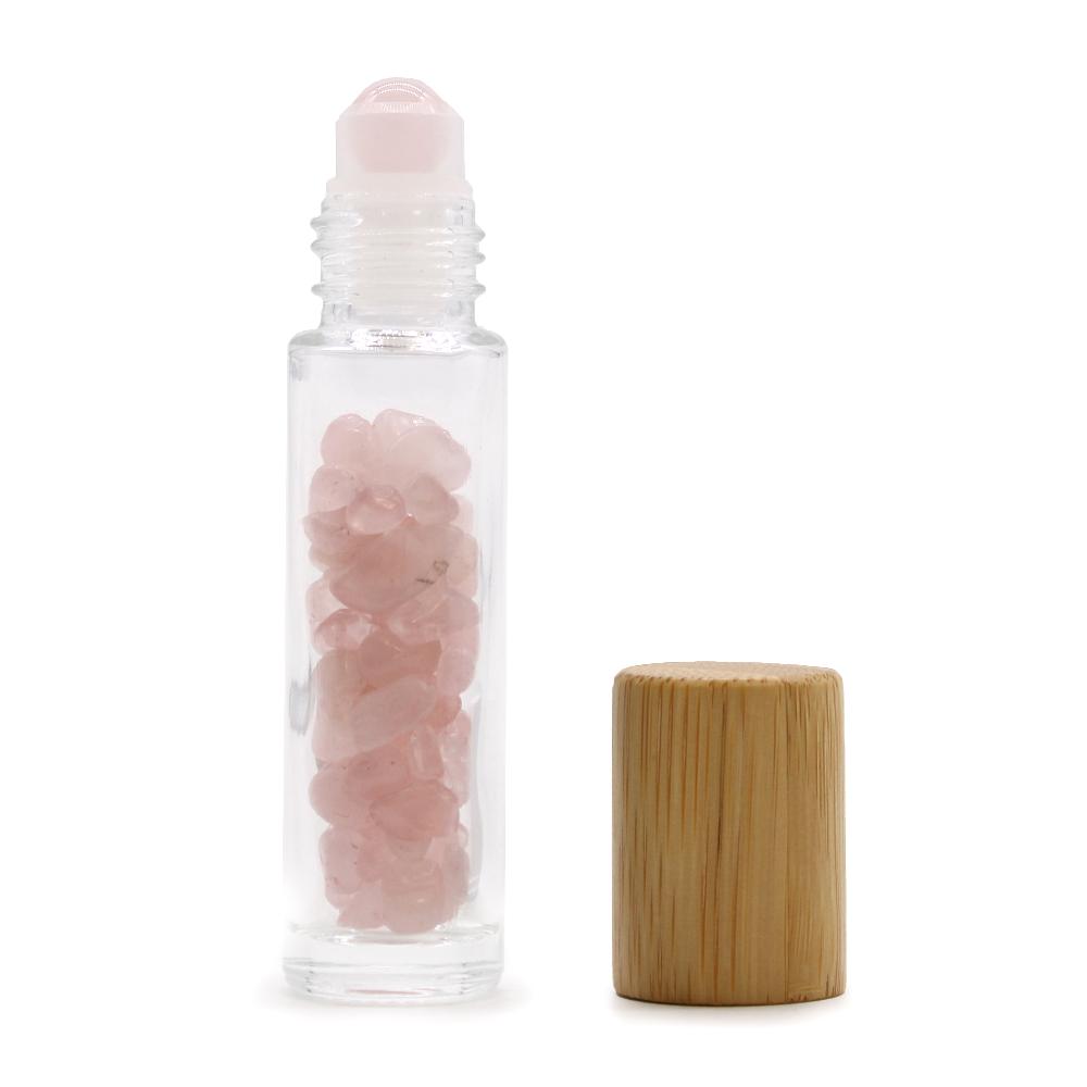 10x Gemstone Essential Oil Roller Bottle - Rose Quartz - Wooden Cap