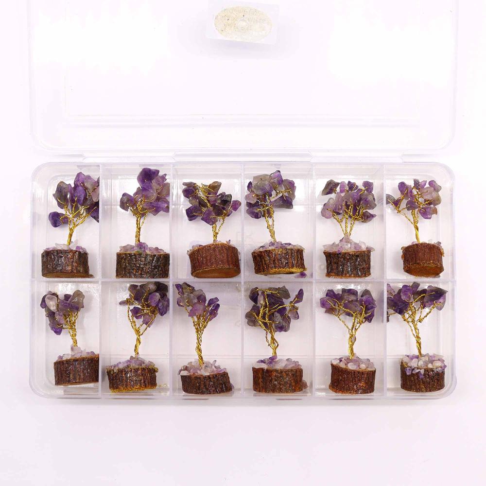 12x Mini Gemstone Trees On Wood Base - Amethyst (15 Stones)