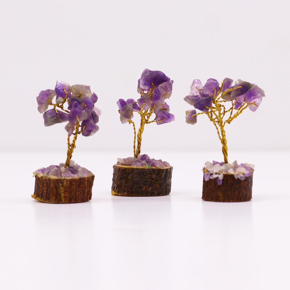 12x Mini Gemstone Trees On Wood Base - Amethyst (15 Stones)