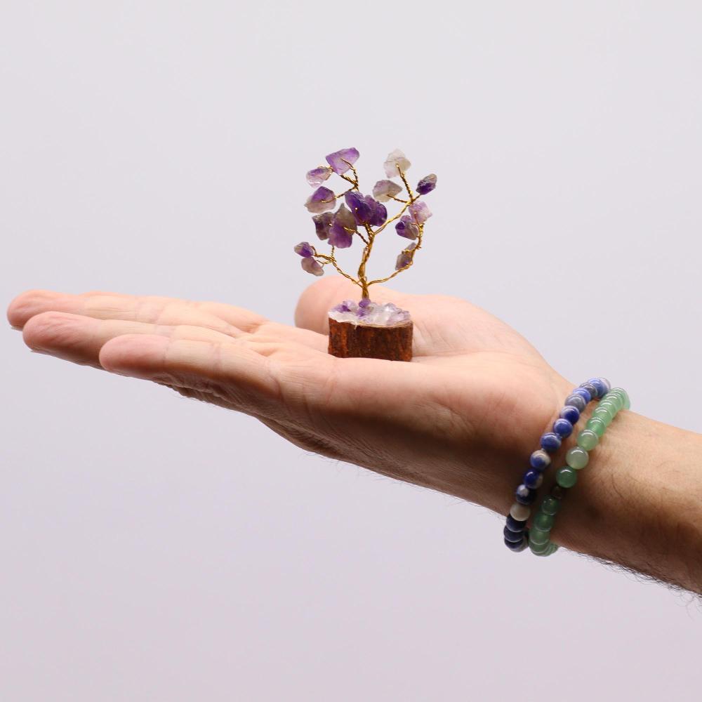 12x Mini Gemstone Trees On Wood Base - Amethyst (15 Stones)
