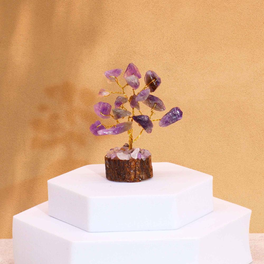 12x Mini Gemstone Trees On Wood Base - Amethyst (15 stones)
