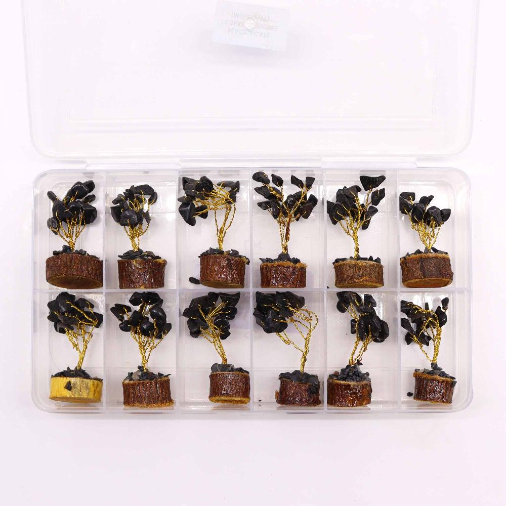 12x Mini Gemstone Trees On Wood Base - Black Agate (15 Stones)