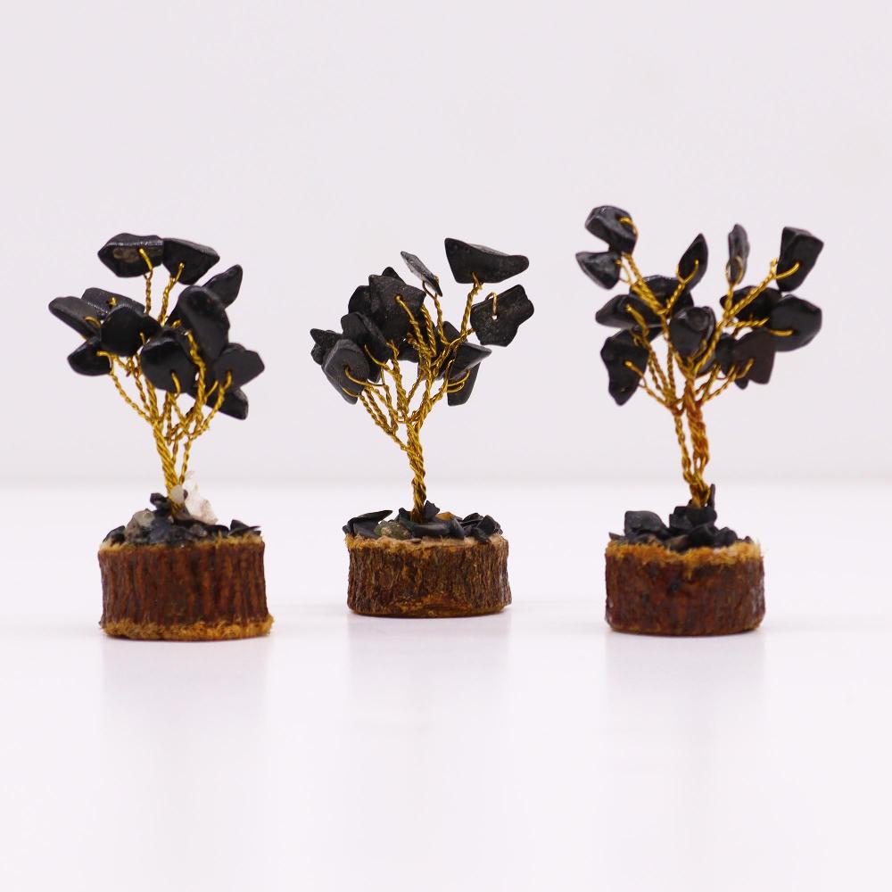 12x Mini Gemstone Trees On Wood Base - Black Agate (15 Stones)