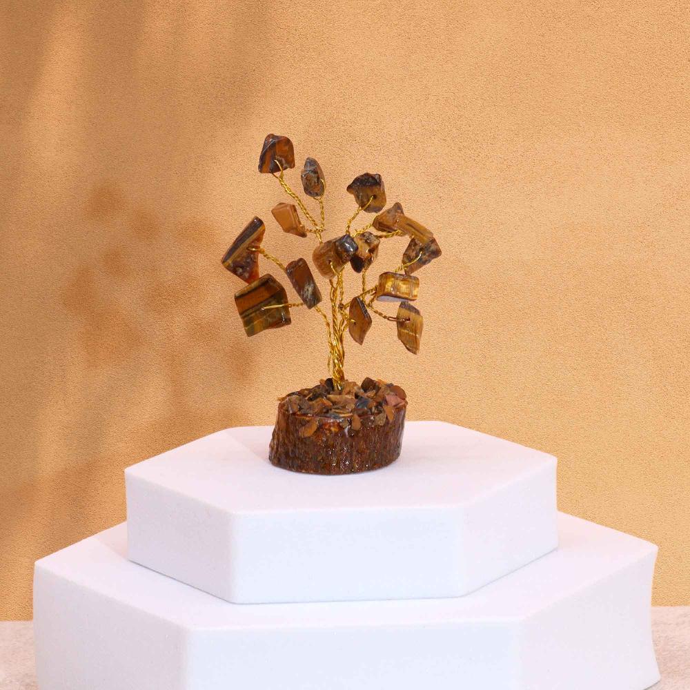 12x Mini Gemstone Trees On Wood Base - Tigereye (15 stones)