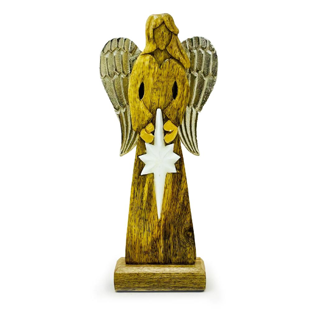 2x Large Mango Wood Peace Angel Metal Wings & Enamel Detail - 30cm