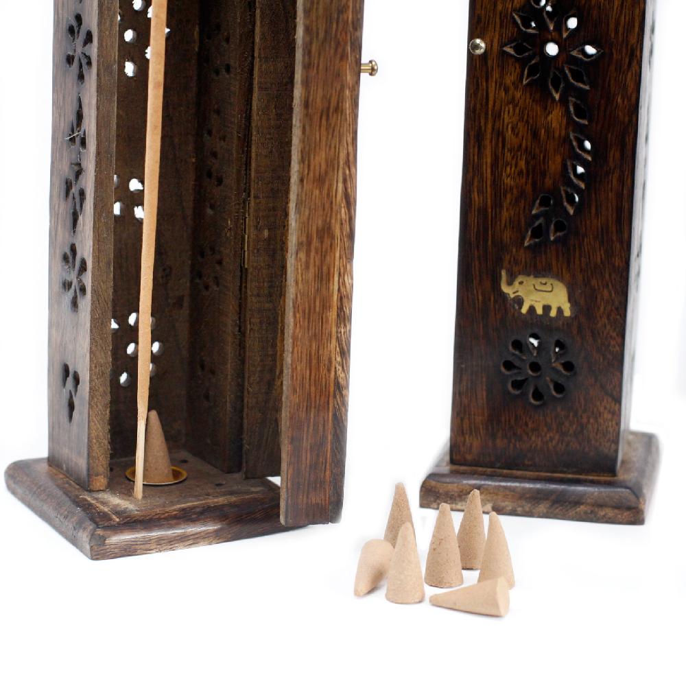 2x Square Incense Tower - Brass Inlay - Mango Wood