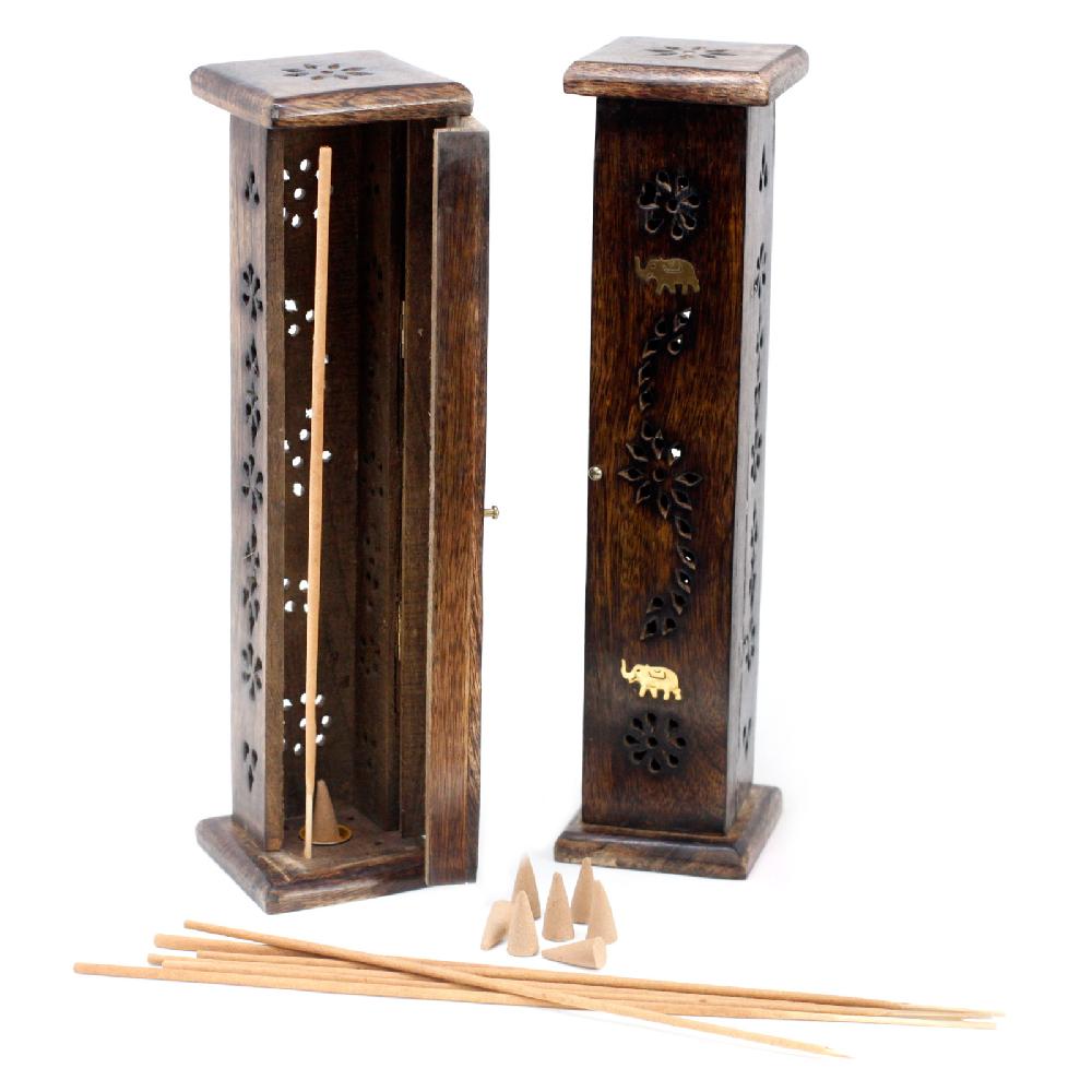 2x Square Incense Tower - Brass Inlay - Mango Wood