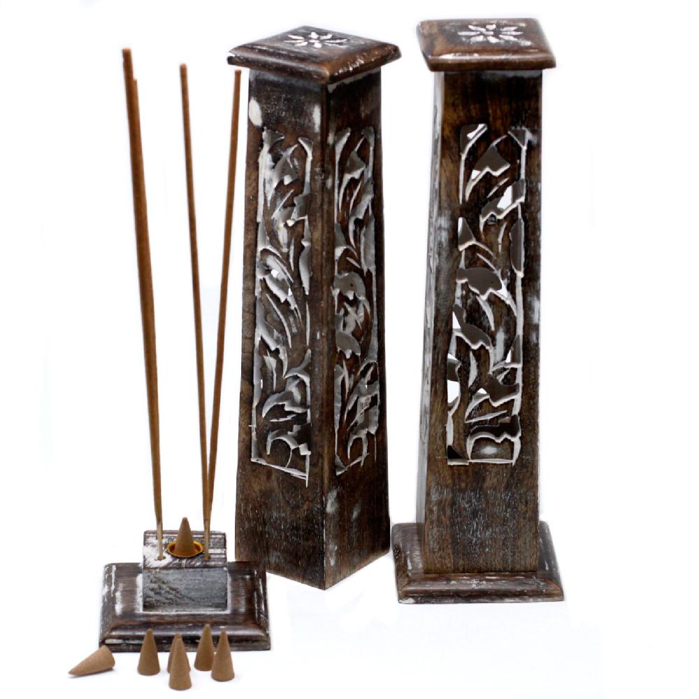 2x Tapered Incense Tower Washed Des2 - Mango Wood