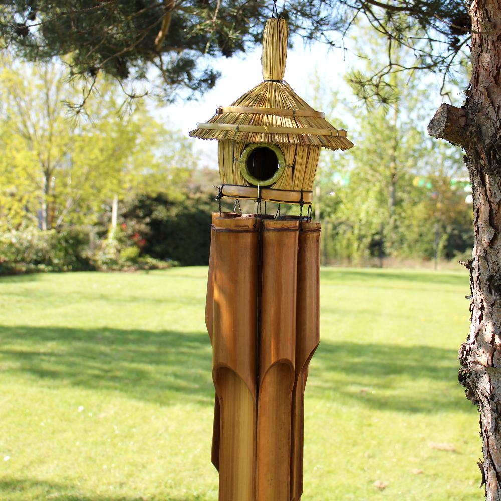 3x Lrg Round Seagrass Bird Box with Chimes 56x20cm