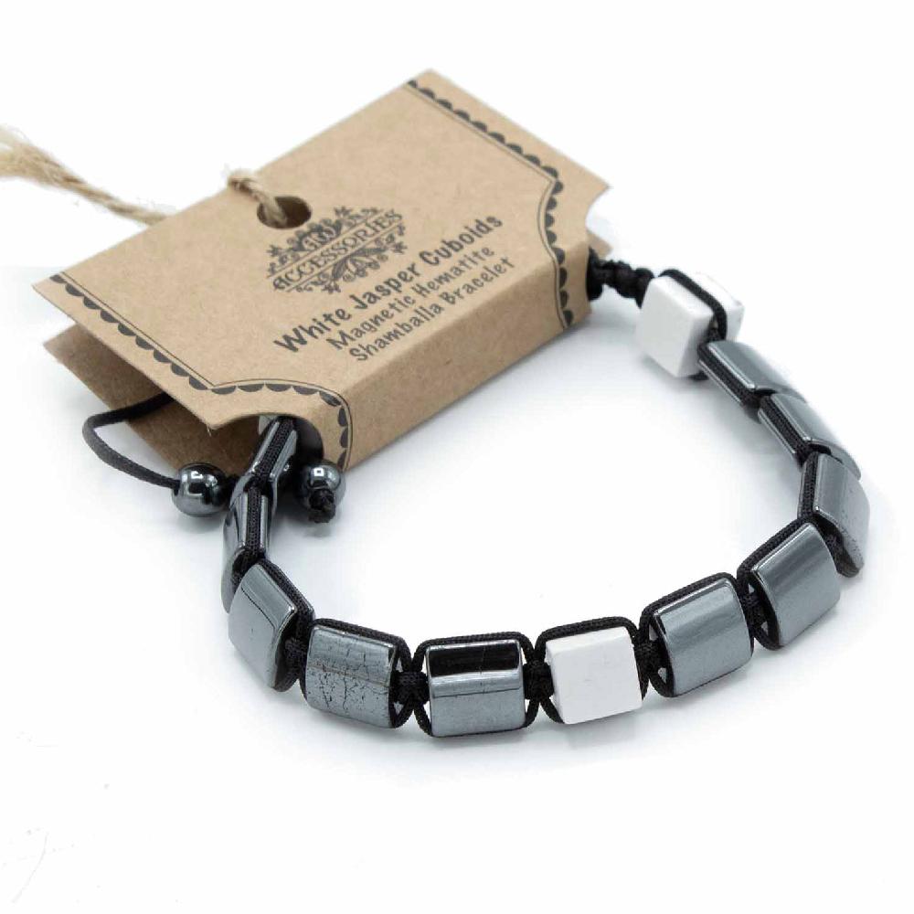 3x Magnetic Hematite Shamballa Bracelet - White Jasper Cuboids
