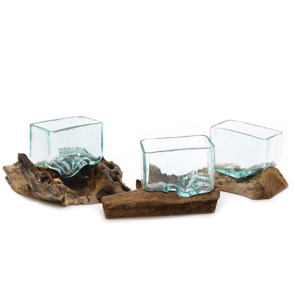 3x Molten Glass Tank On Wood With Stand - Small Bowl