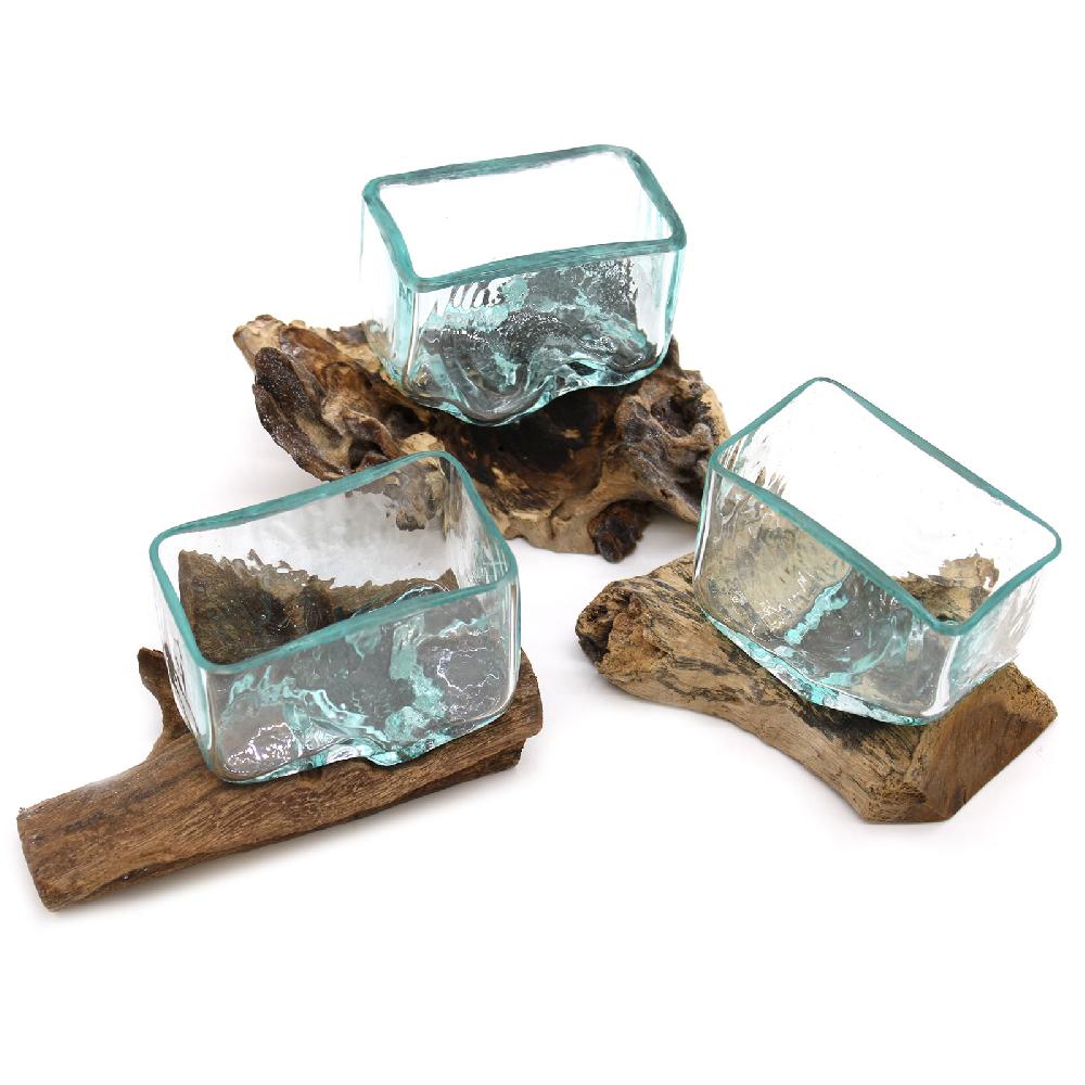 3x Molten Glass Tank On Wood With Stand - Small Bowl
