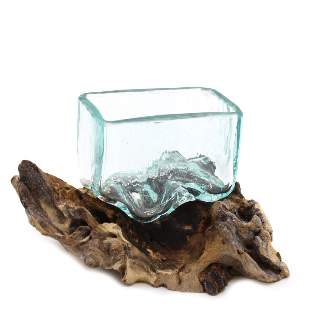 3x Molten Glass Tank on Wood with Stand - Small Bowl