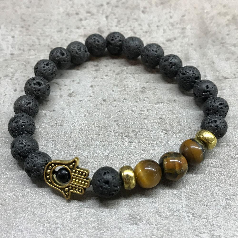 4x Lava Stone Bracelet - Hamsa Tiger-eye