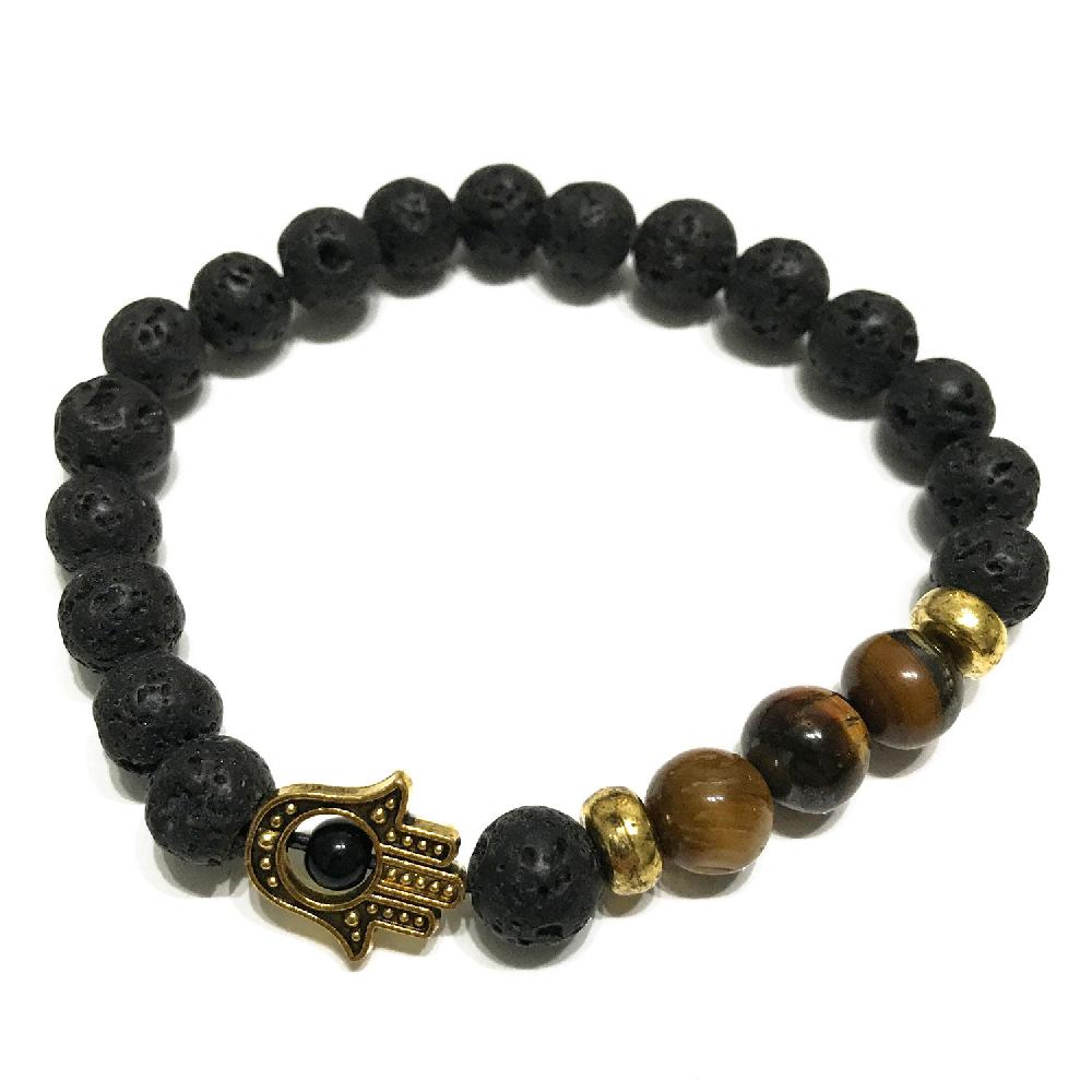4x Lava Stone Bracelet - Hamsa Tiger-eye
