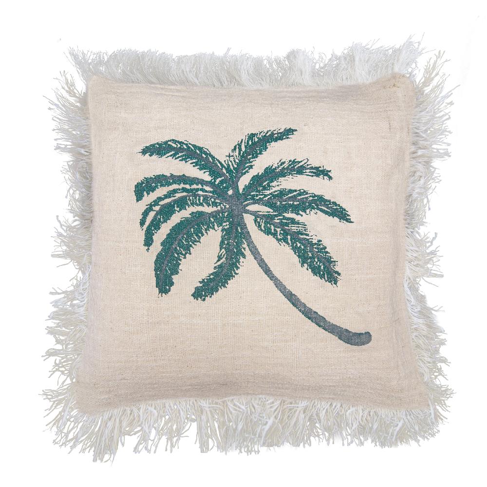 4x Linen Cushion Cover 60x60cm Palm Tree with Fringe