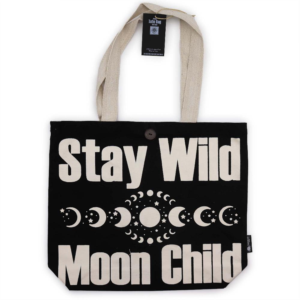5x Iconic Classic Tote Bag - Stay Wild Mood Child - Black Natural 10oz (36x43x10cm)
