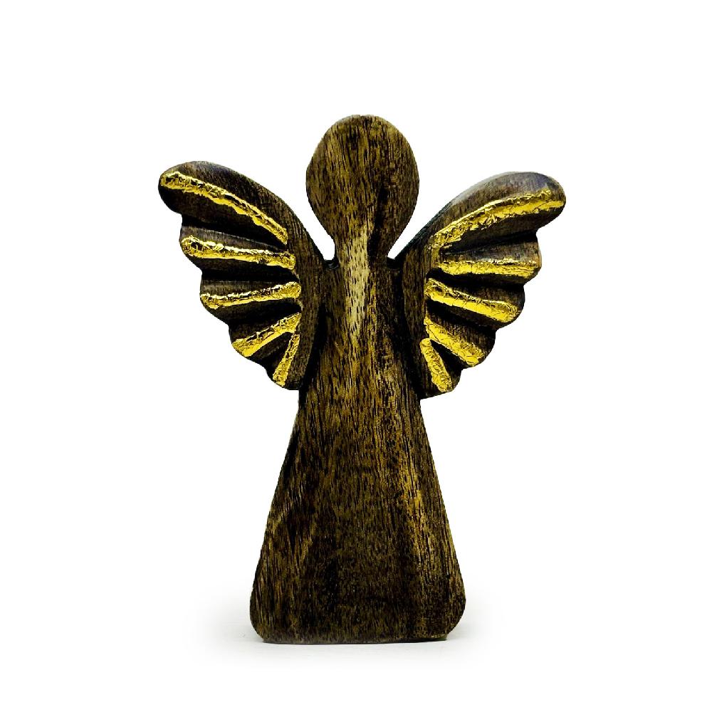 6x Lrg Mango Wood Angel - Gold Decor - 19cm