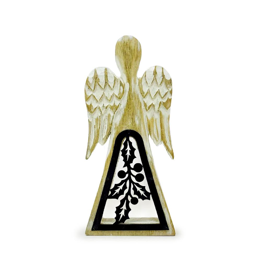 6x Mango Wood Angel - Whitewash with Iron Decor Cut Out - 18cm