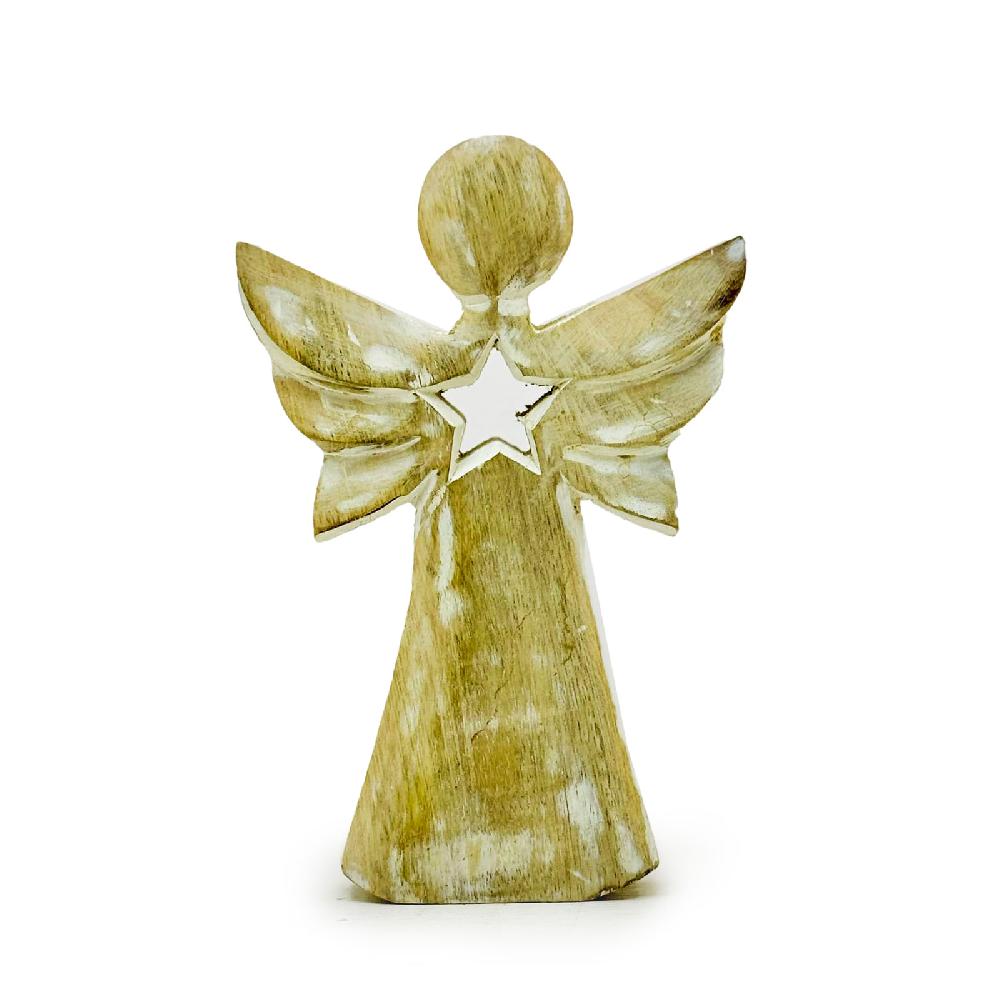 6x Mango Wood Angel - Whitewash with Star Cut Out - 18cm