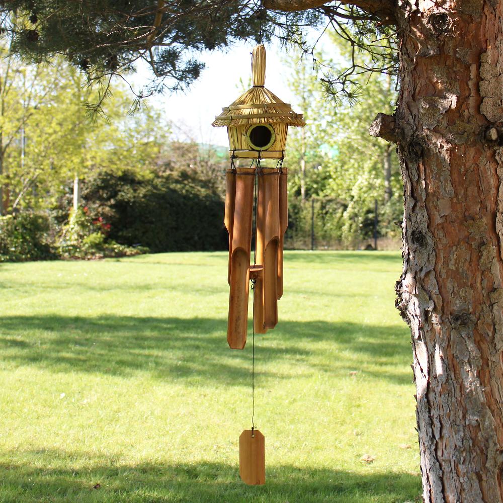 6x Round Seagrass Bird Box with Chimes 45x17cm