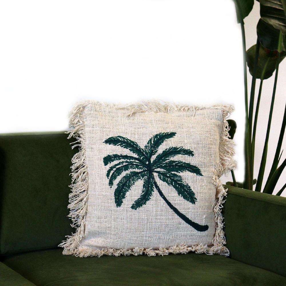 8x Linen Cushion Covers Palm Tree with Inner - with fringe 45x45cm