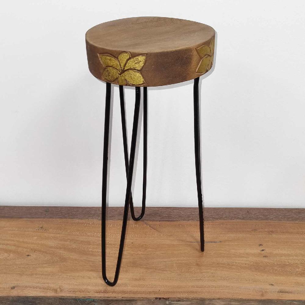 Albasia Wood Plant Stand - Natural & Gold Detail