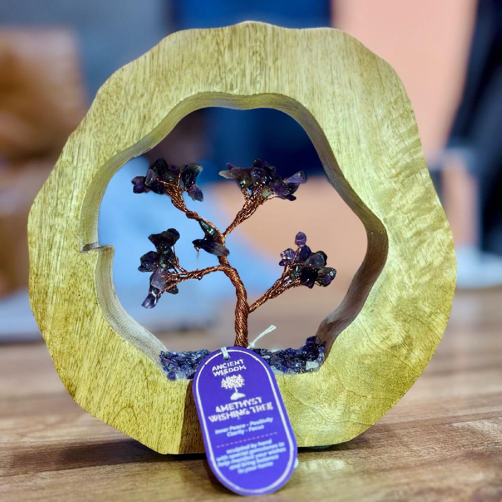Amethyst Gemstone Tree Garden in Mango Wood Ring - 60 Stones