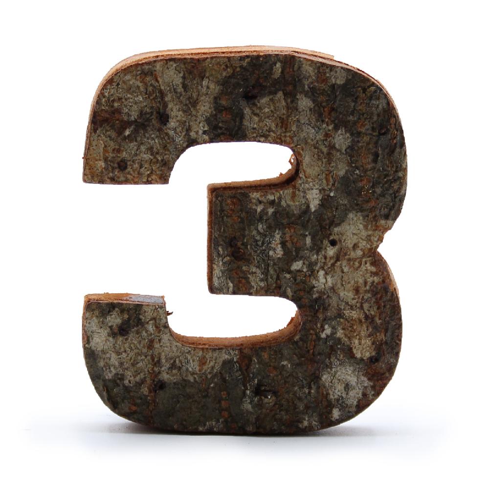 12x Rustic Bark Number - "3" - 7cm
