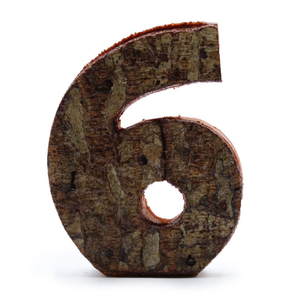 12x Rustic Bark Number - "6" - 7cm