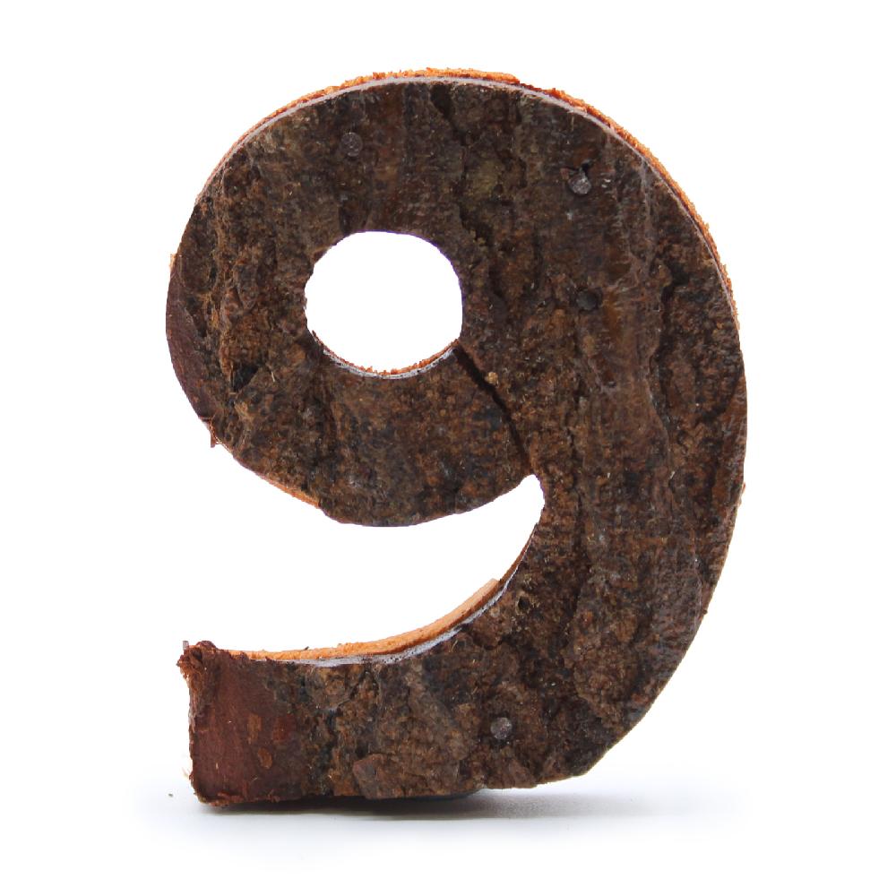 12x Rustic Bark Number - "9" - 7cm