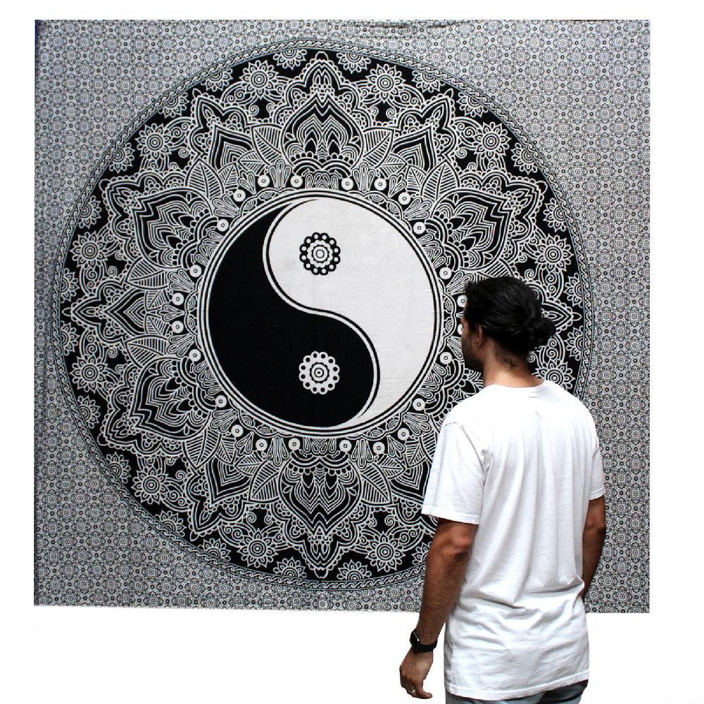 B&W Double Cotton Bedspread + Wall Hanging - Ying Yang