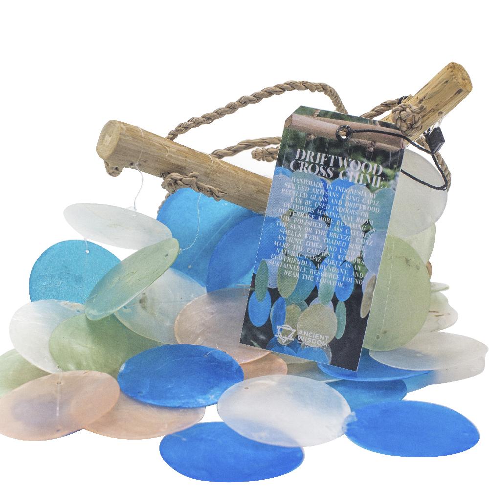 Blue & Pearl Effect Driftwood Cross Chime