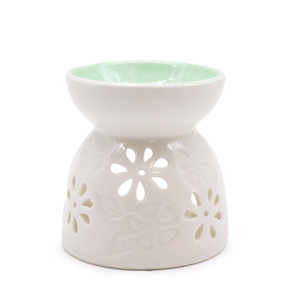 Classic White Oil Burner - Floral with Teal Well