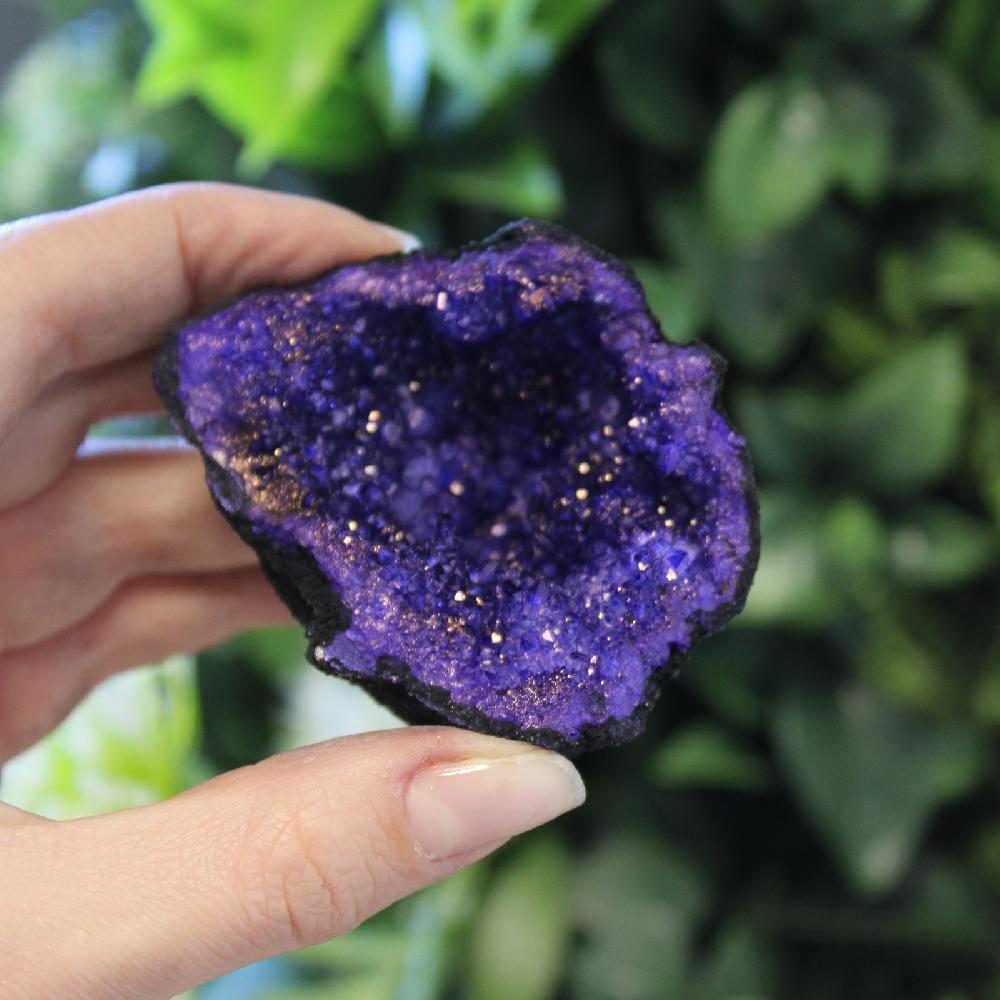 Coloured Calcite Geode 8.5x6cm- Black Rock - Deep Purple