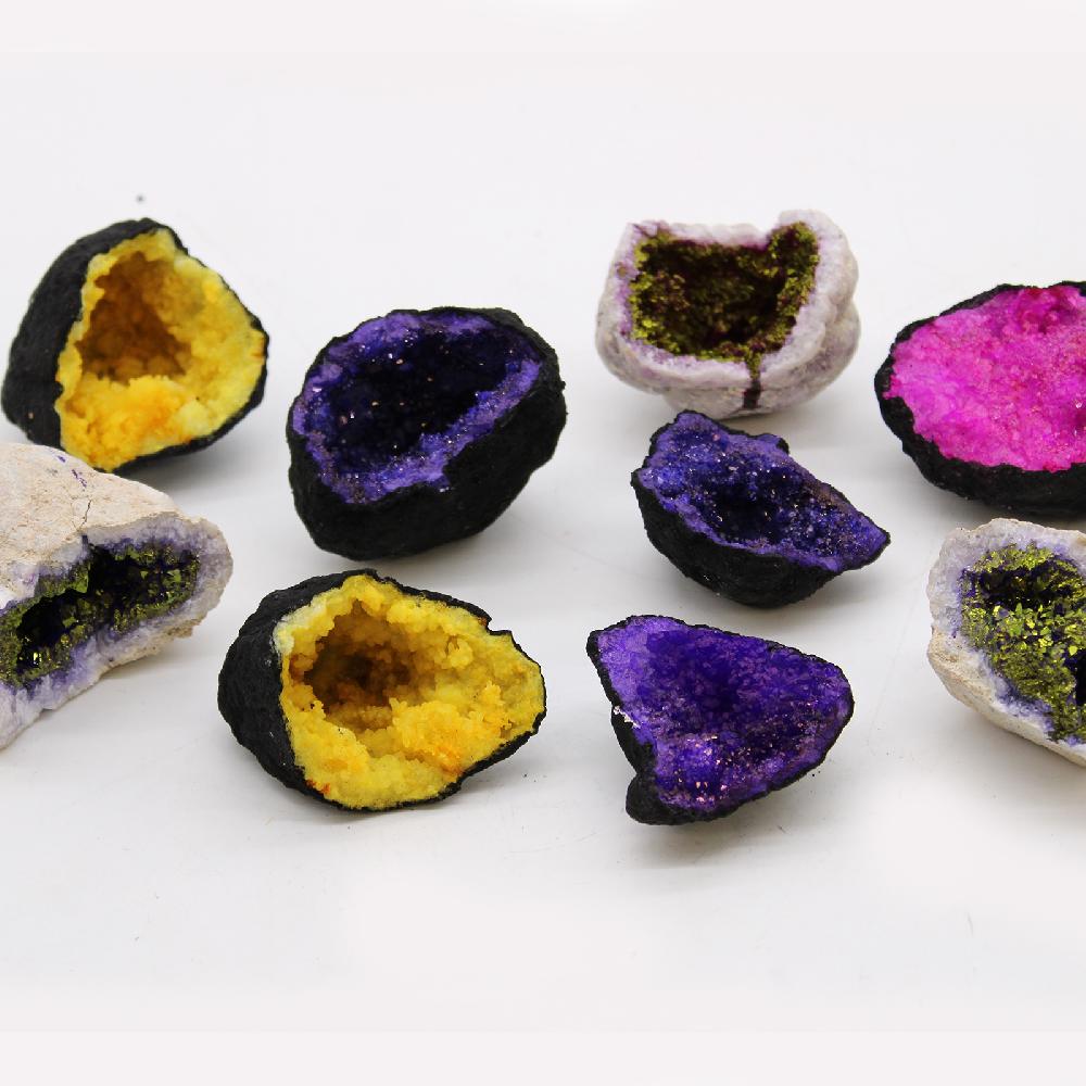 Coloured Calcite Geode 8.5x6cm- Black Rock - Deep Purple
