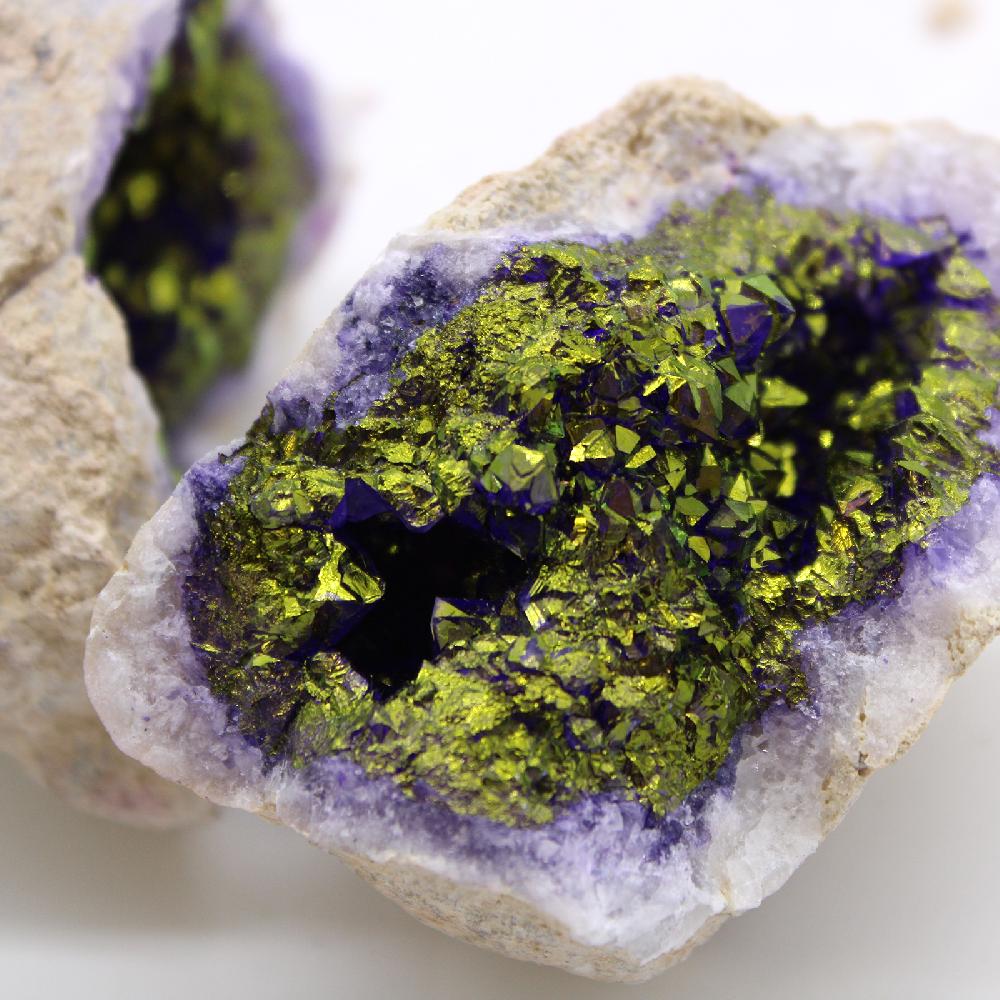 Coloured Calcite Geode 8.5x6cm - Natural Rock - Purple & Gold