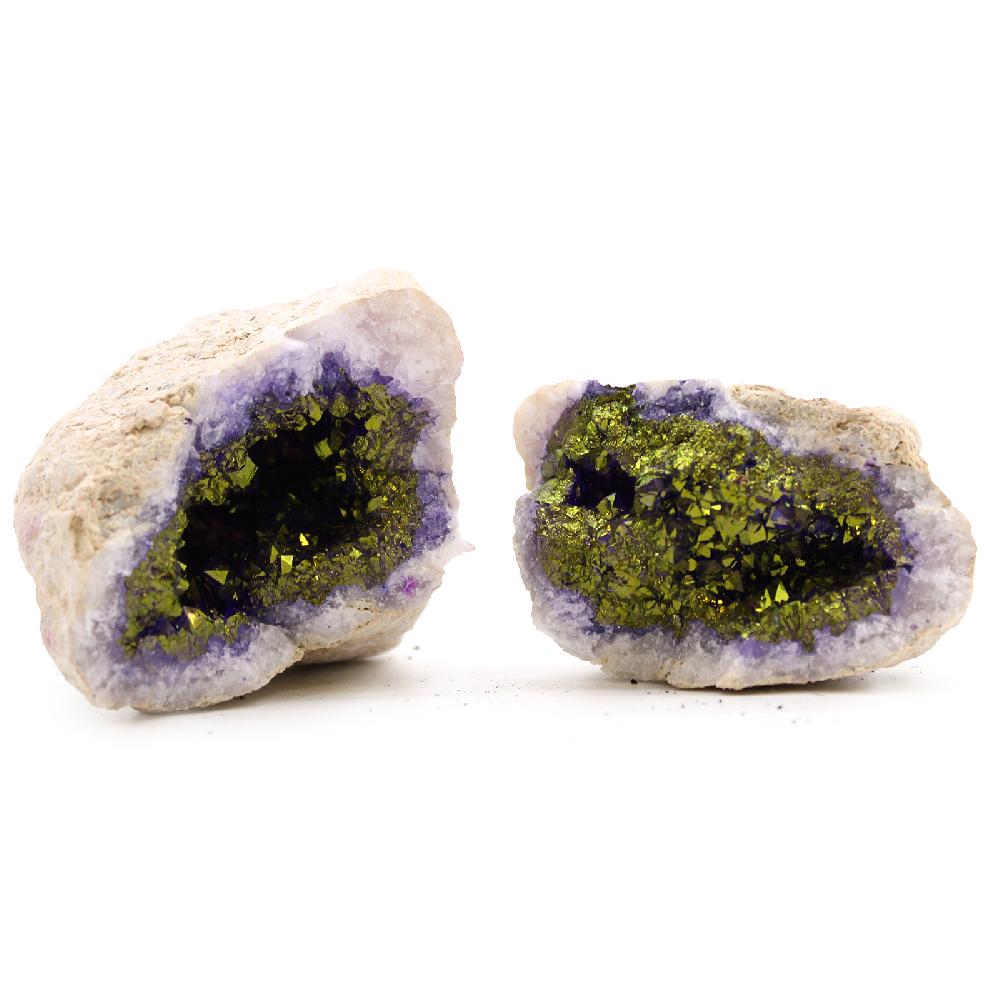 Coloured Calcite Geode 8.5x6cm - Natural Rock - Purple & Gold