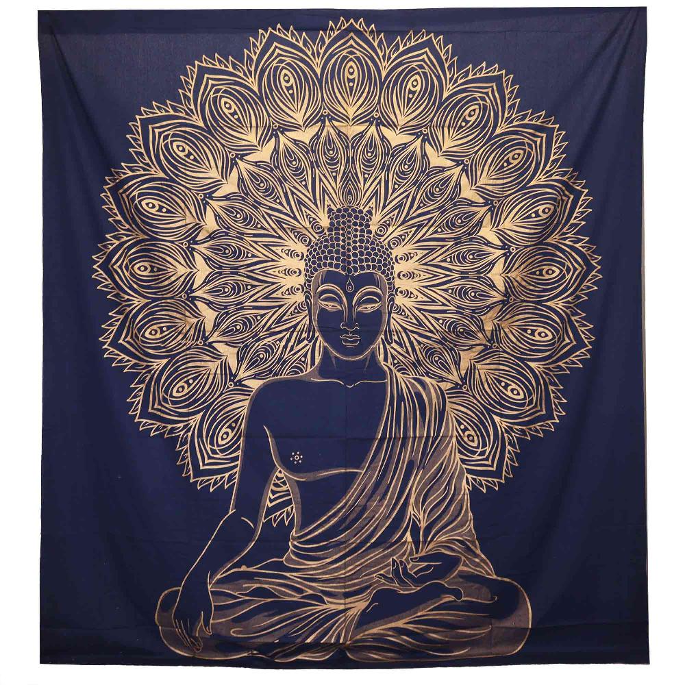 Double Cotton Bedspread + Wall Hanging - Buddha - Blue Gold