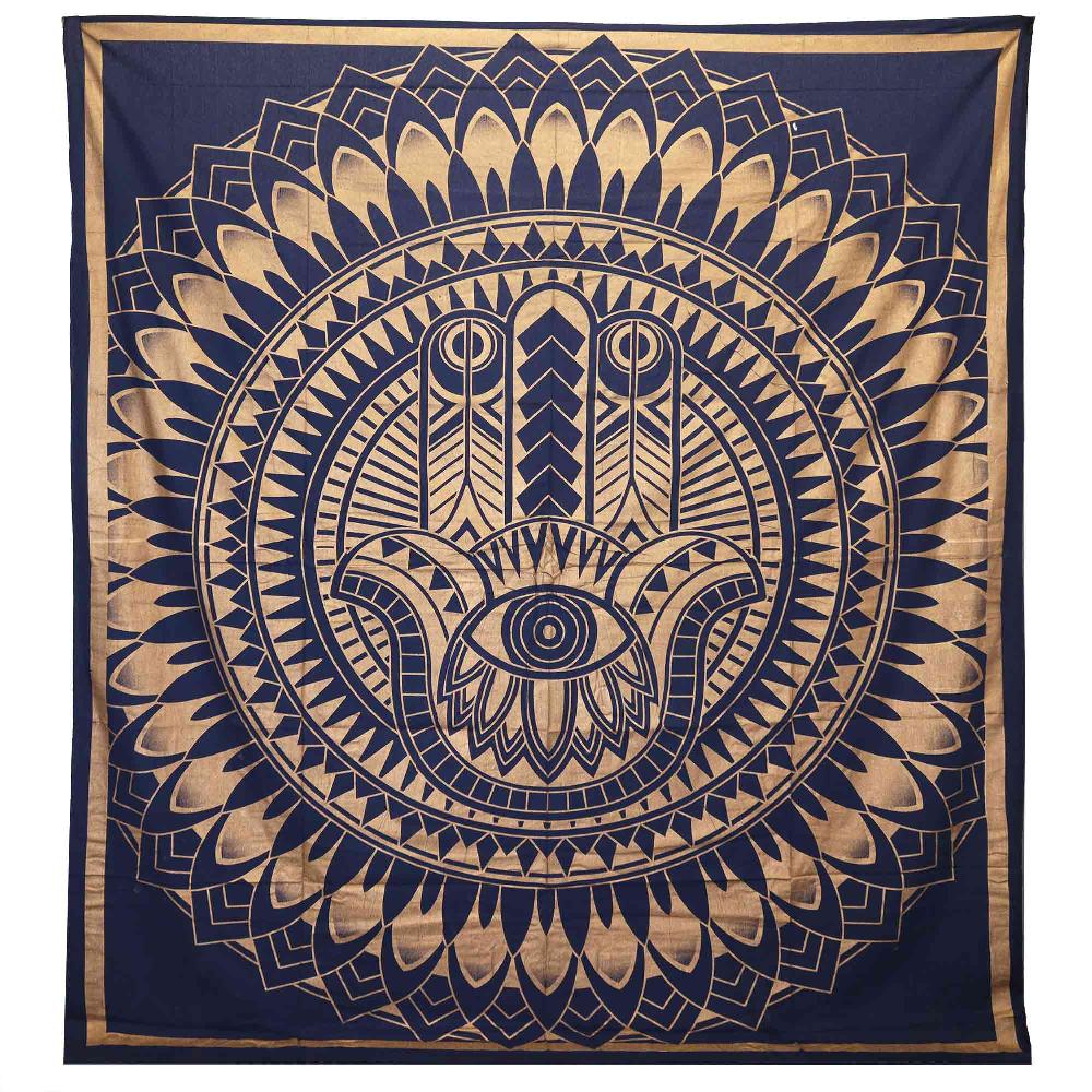 Double Cotton Bedspread + Wall Hanging - Hamsa - Blue Gold