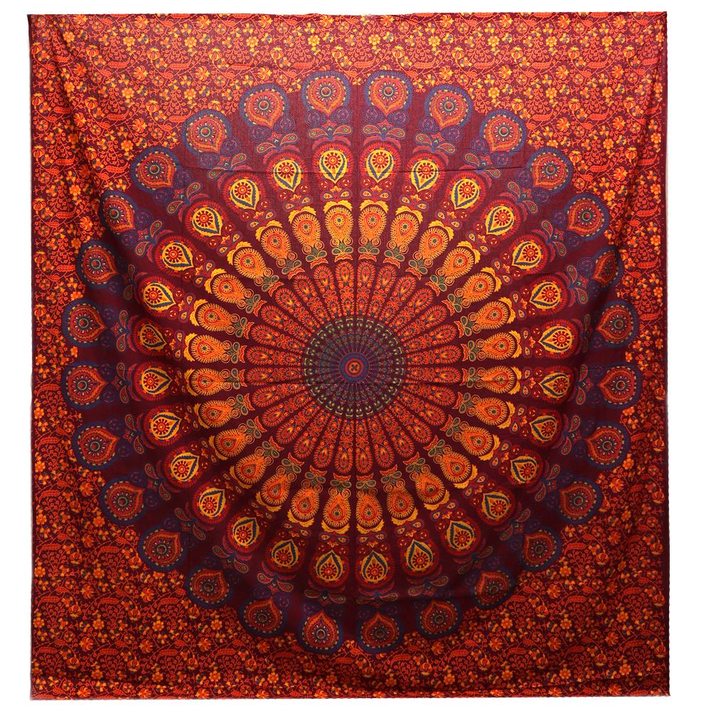 Double Cotton Bedspread + Wall Hanging - Peacock Mandala - Maroon